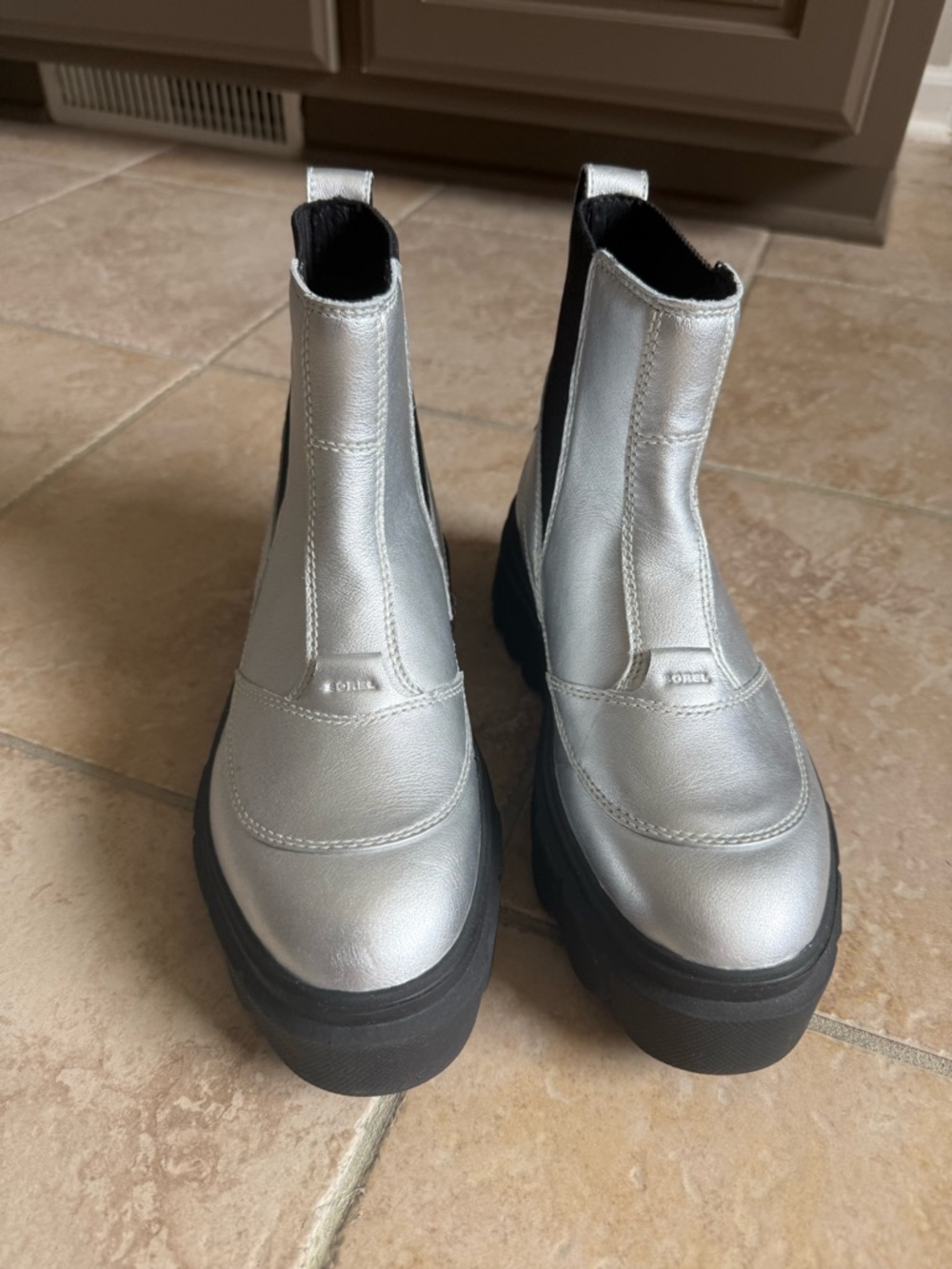 Sorel Silver Metallic Platform Chelsea Boots with Black Sole